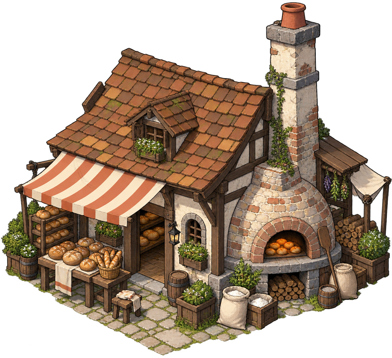 An isometric one-story medieval village bakery with a brick oven