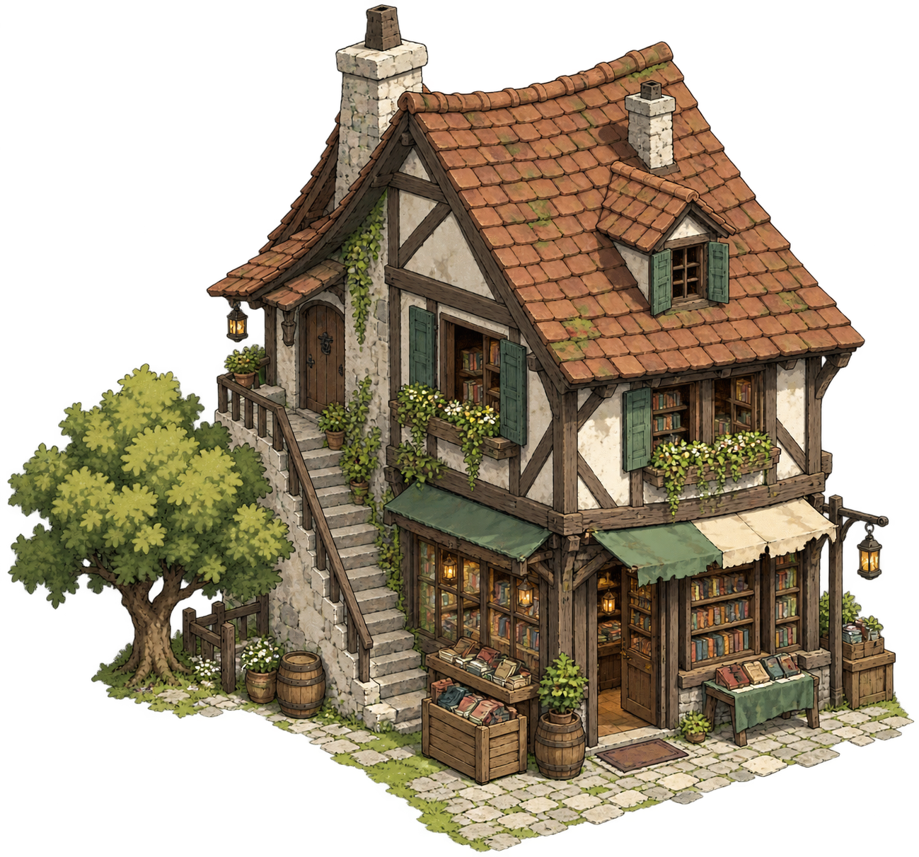 An isometric two-story medieval village bookstore