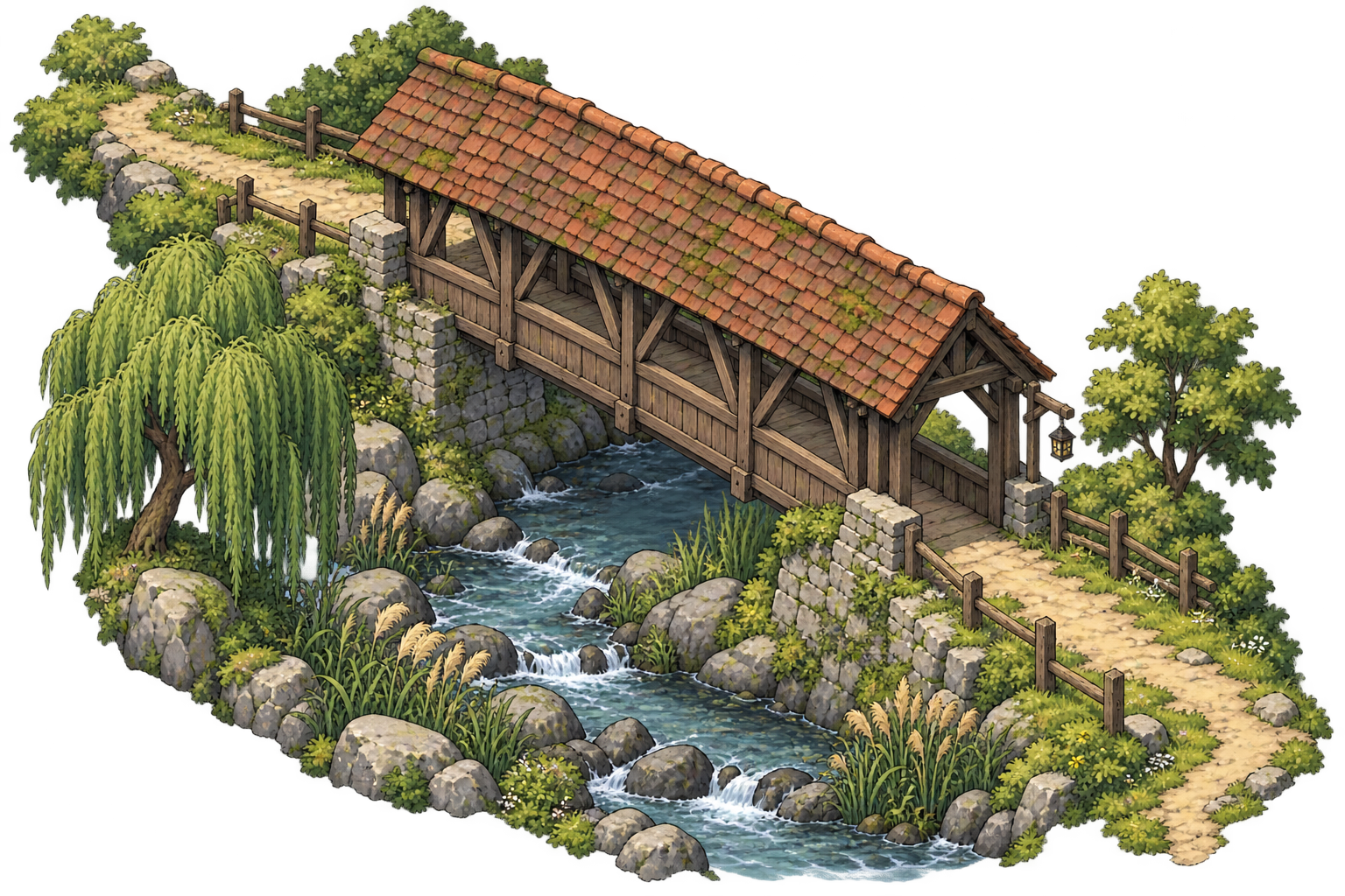 An isometric covered wooden bridge across a narrow stream