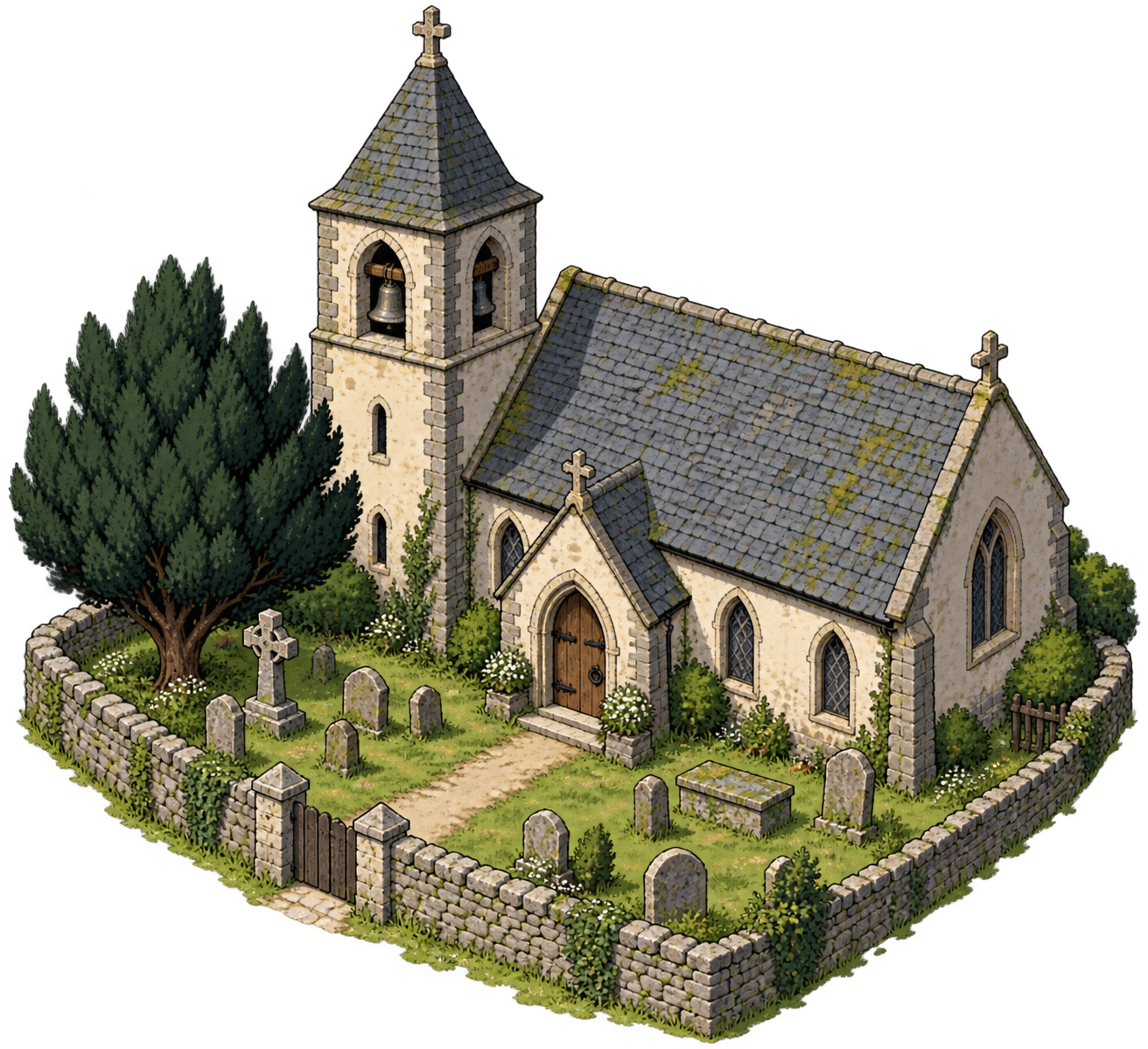 An isometric medieval parish church with a small graveyard