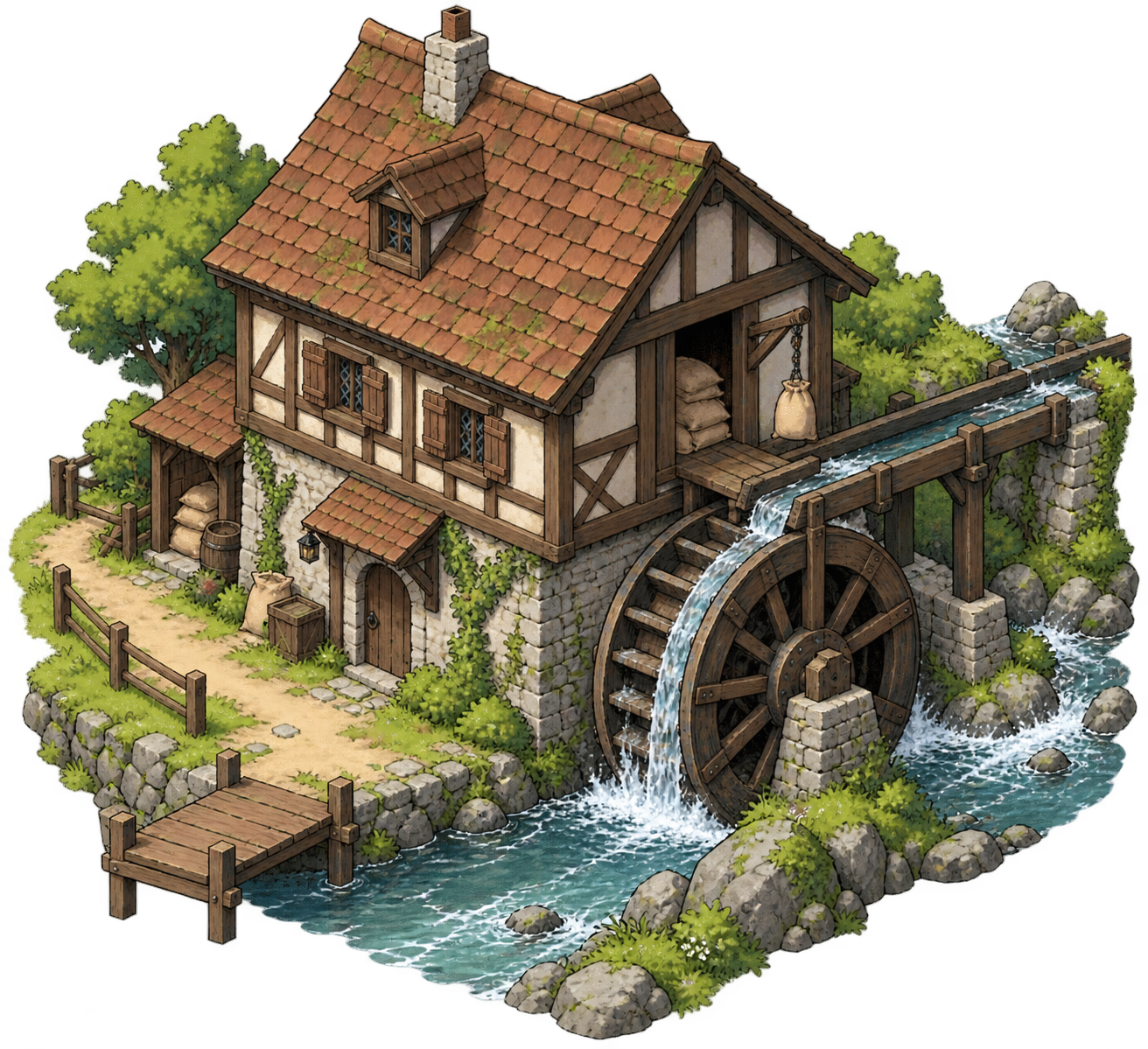 An isometric riverside medieval gristmill with a waterwheel