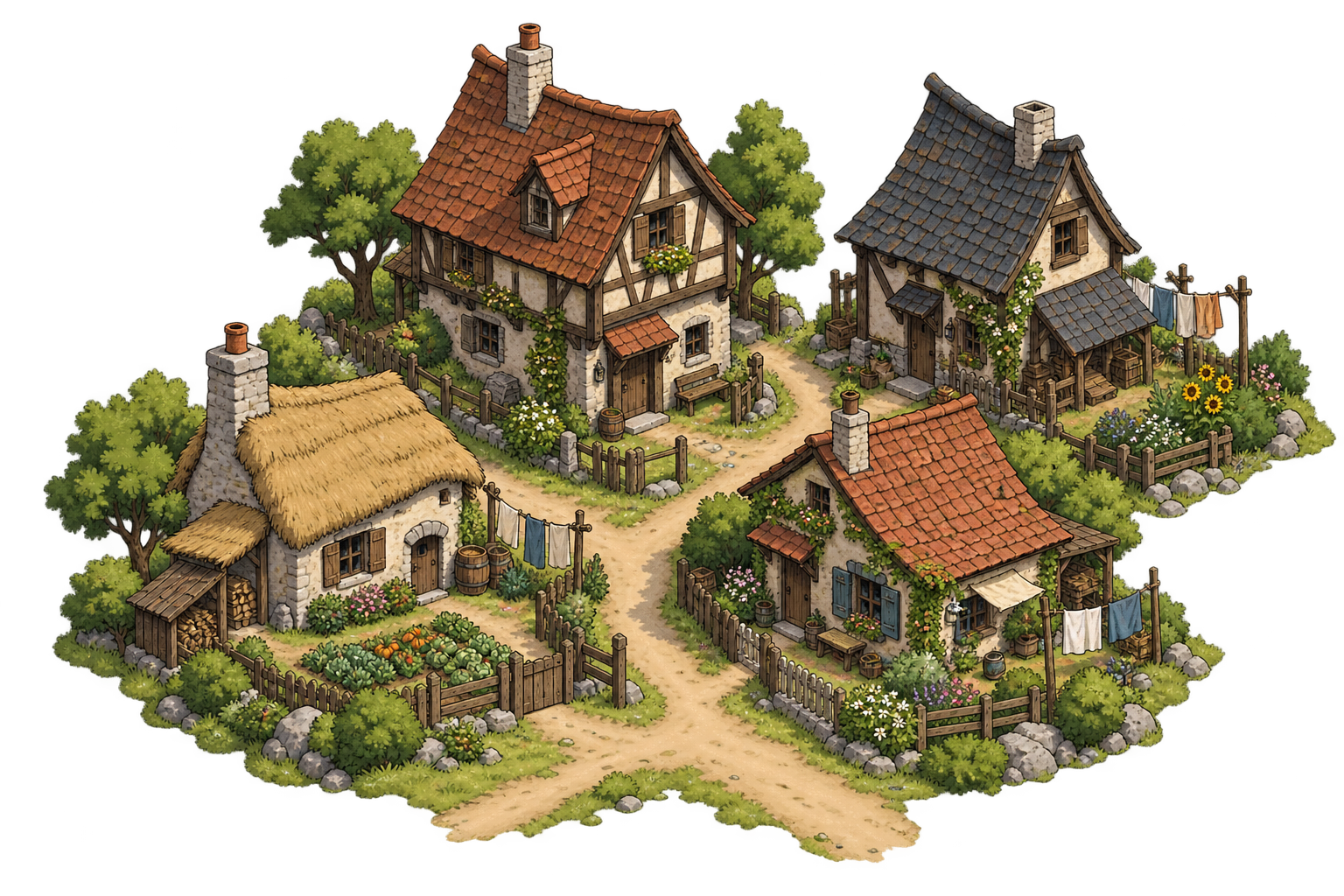 An isometric cluster of one and two-story medieval village houses