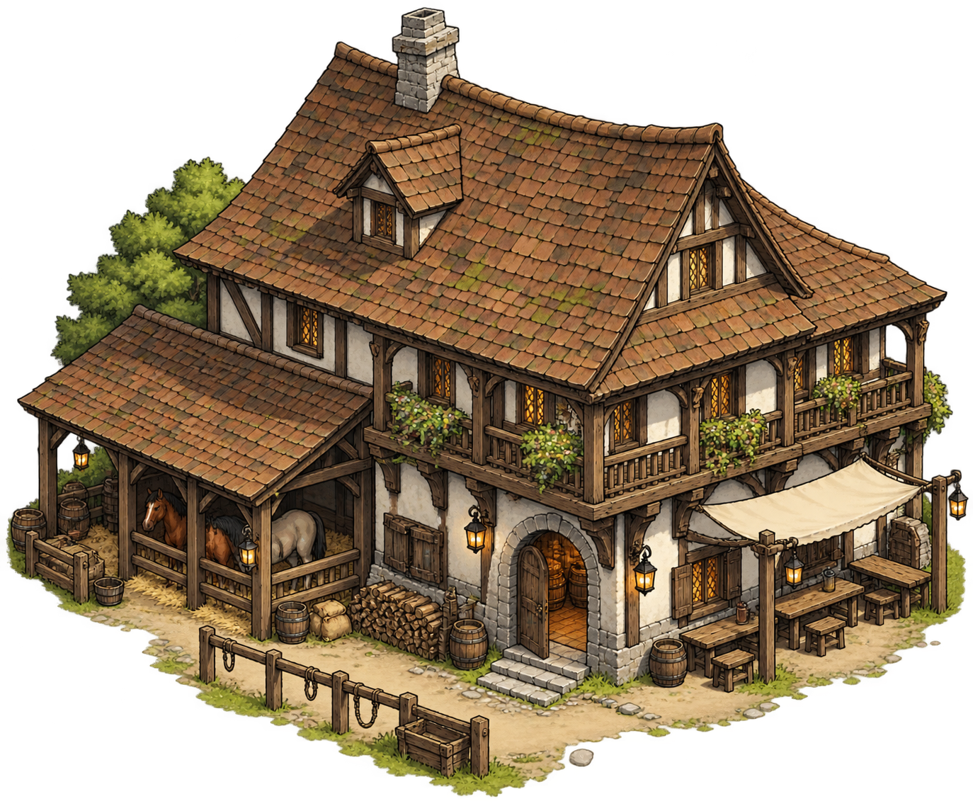 An isometric two-story medieval village inn with stables