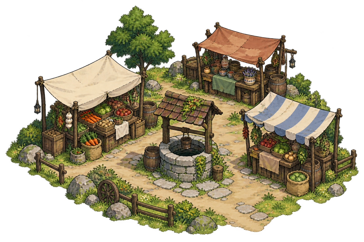 An isometric medieval open-air market around a village well