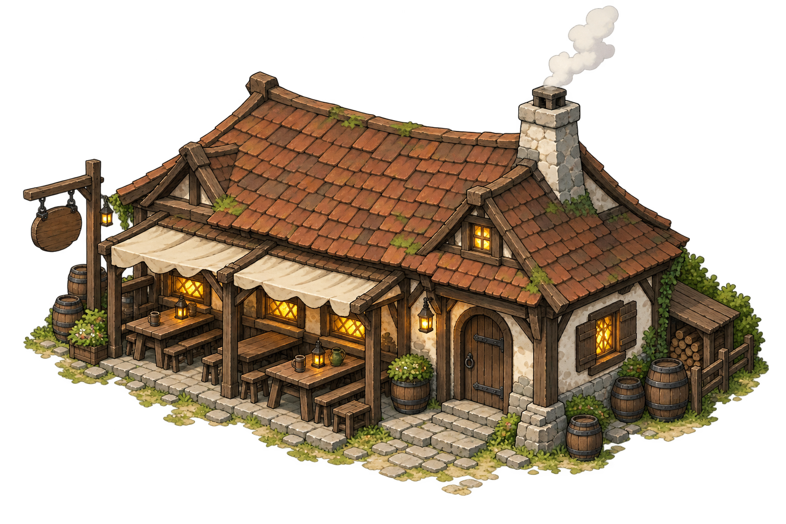 An isometric low medieval village tavern with outdoor tables